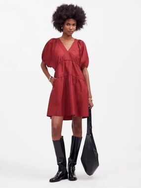MADEWELL PUFF SLEEVE POPLIN DOLL DRESS COLOR CLARET RED BURGUNDY NEW WITH TAGS